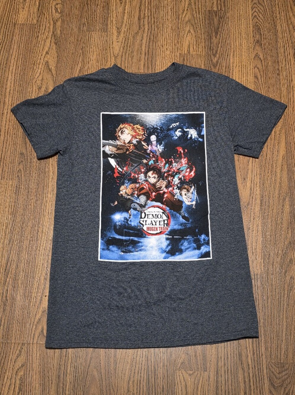 Demon Slayer Mugen Train Movie Poster Graphic T-Shirt Grey Mens Small Anime Tee